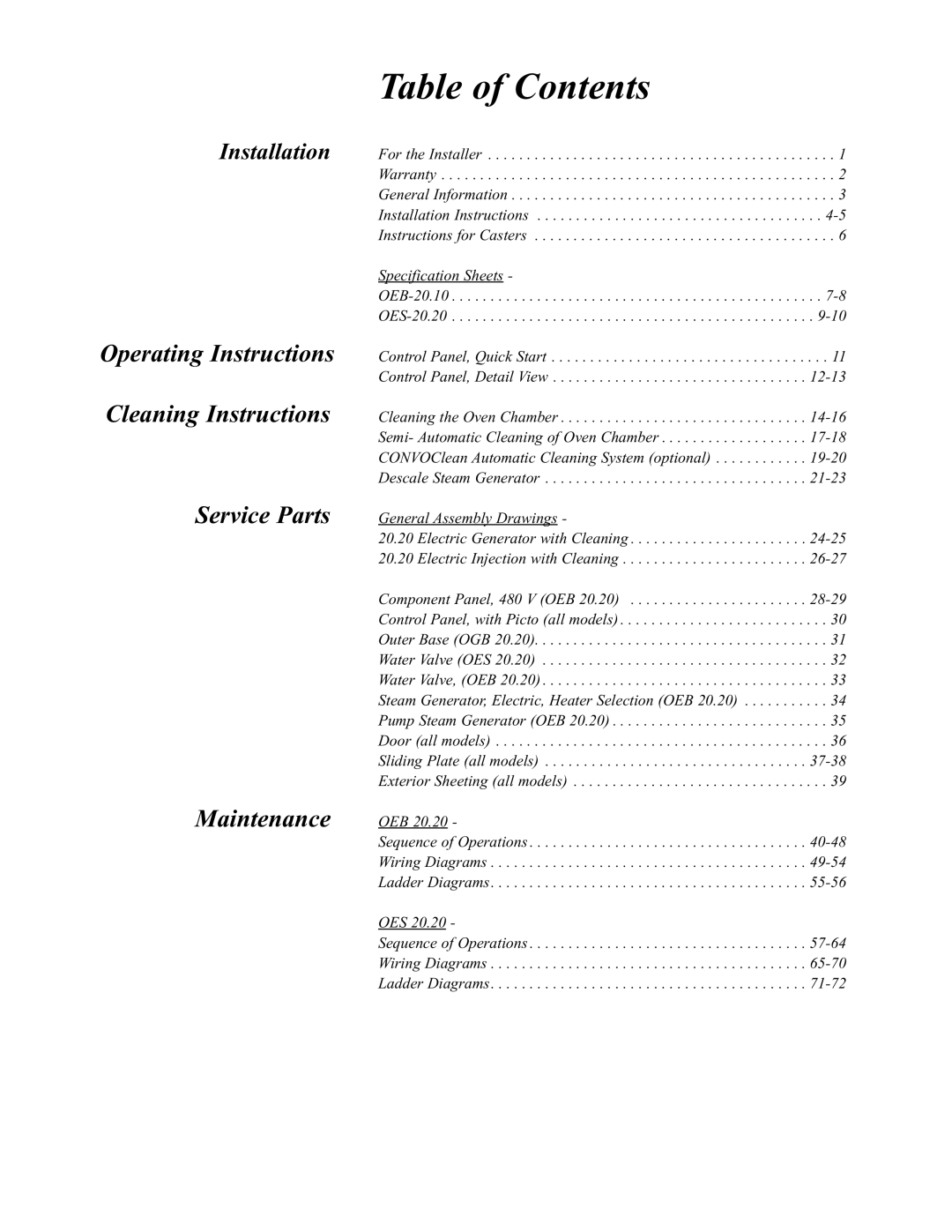 Cleveland Range OEB-20.20, OES-20.20 manual Table of Contents 