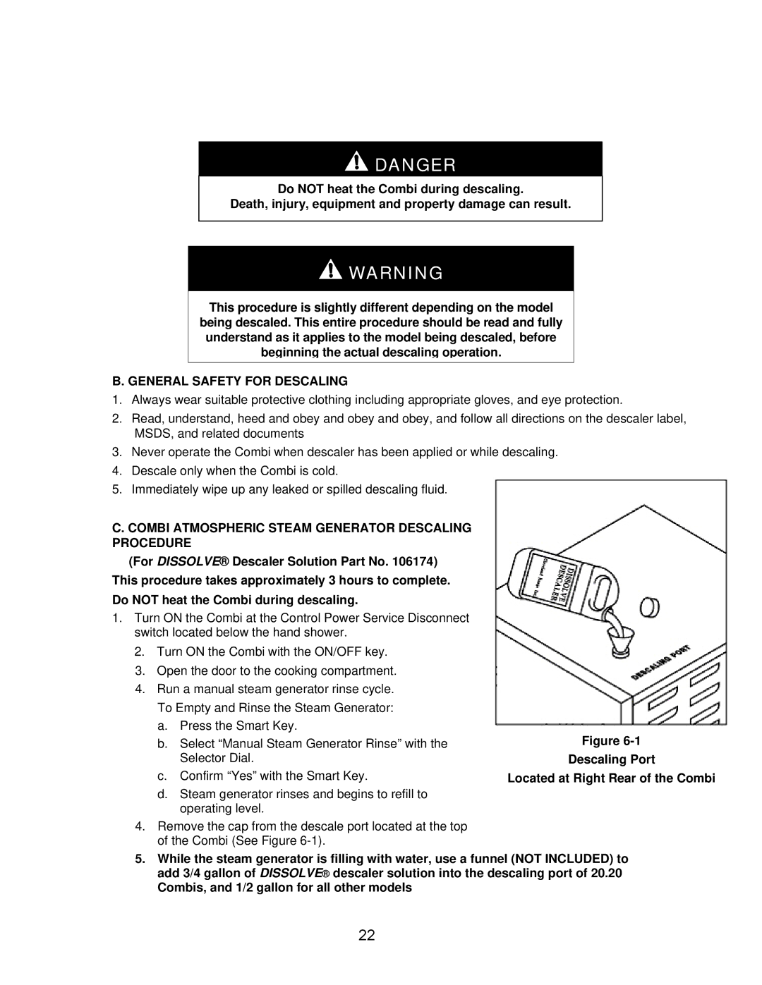 Cleveland Range OEB-20.20, OES-20.20 manual General Safety for Descaling 