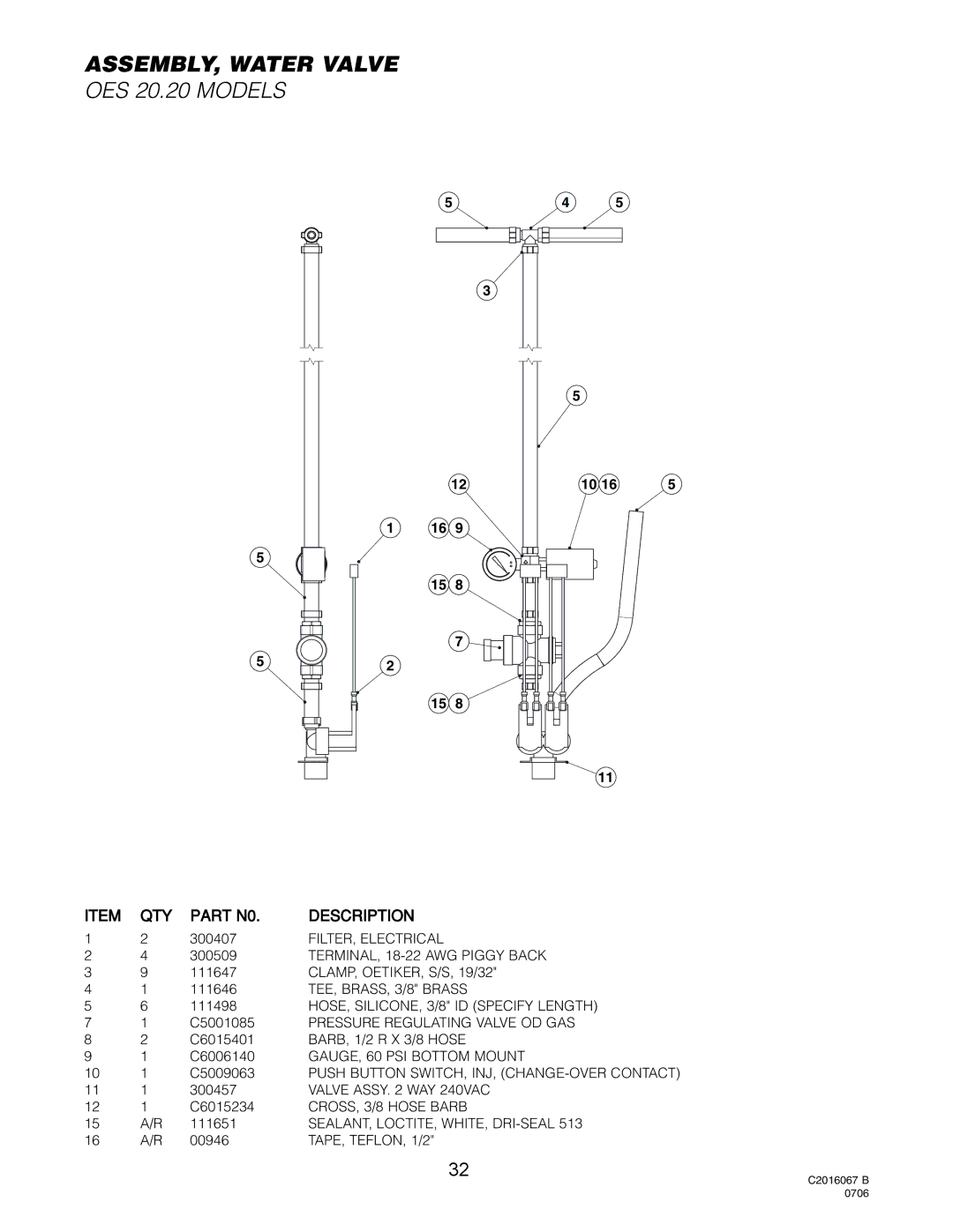 Cleveland Range OEB-20.20, OES-20.20 manual ASSEMBLY, Water Valve, OES 20.20 Models 