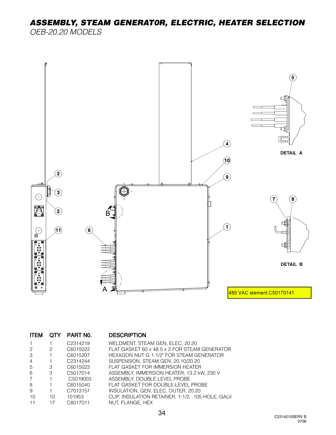 Cleveland Range OES-20.20 manual ASSEMBLY, Steam GENERAT0R, ELECTRIC, Heater Selection, OEB-20.20 Models 