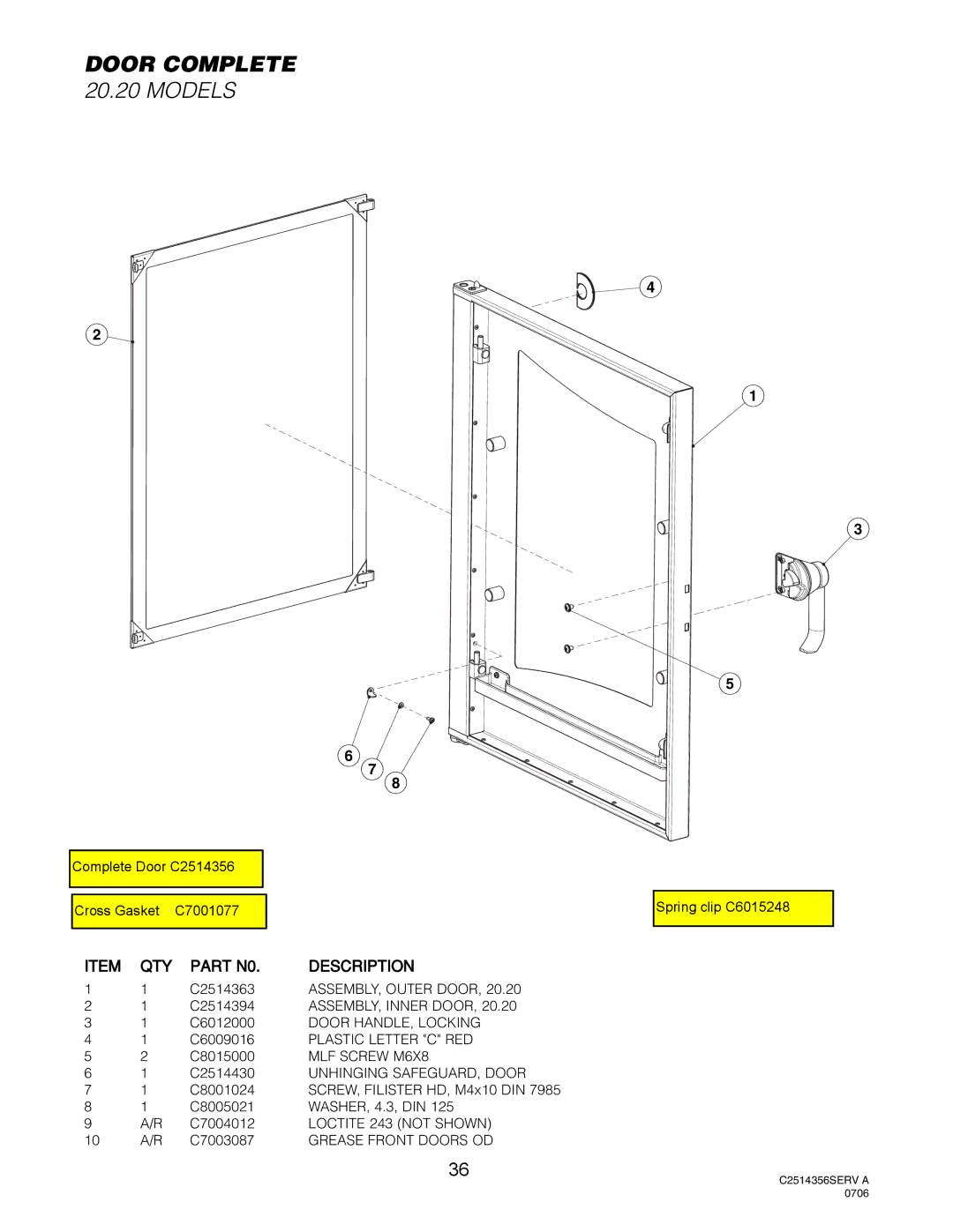 Cleveland Range OEB-20.20, OES-20.20 manual Door Complete, Models 