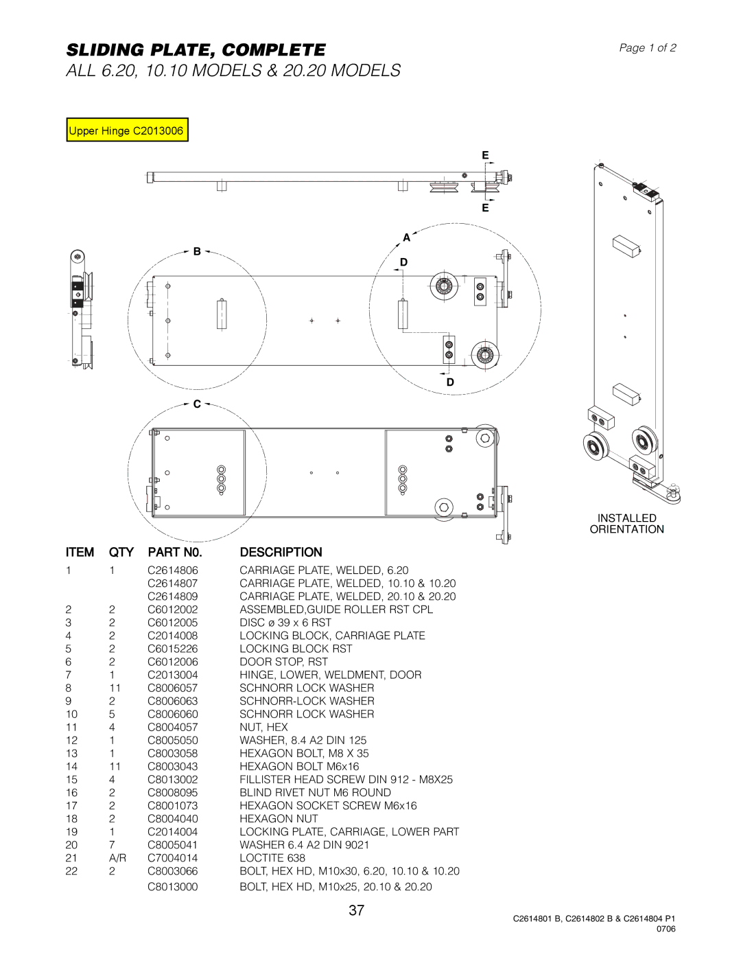 Cleveland Range OES-20.20, OEB-20.20 manual Sliding PLATE, Complete, ALL 6.20, 10.10 Models & 20.20 Models 