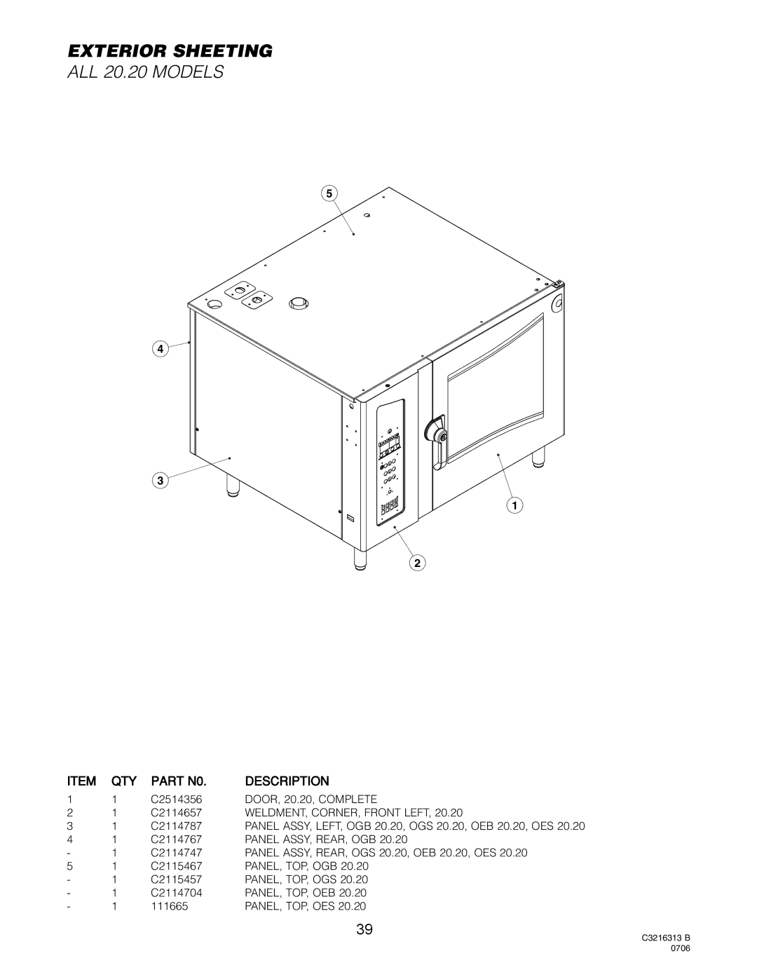 Cleveland Range OES-20.20, OEB-20.20 manual Exterior Sheeting, ALL 20.20 Models 