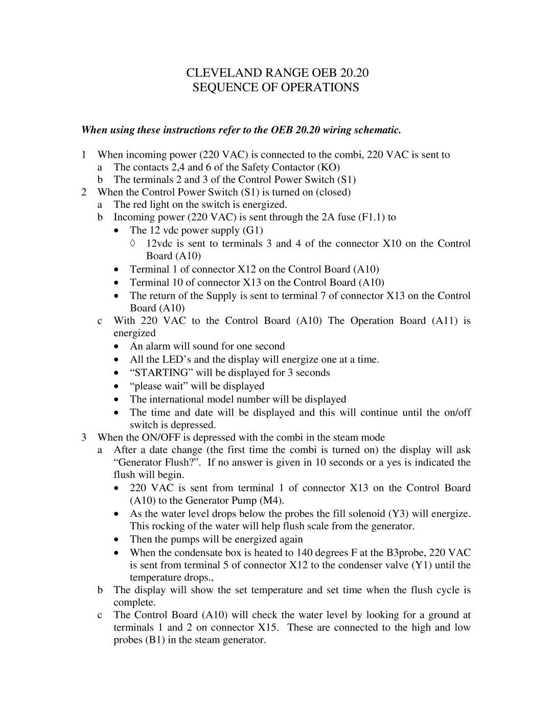 Cleveland Range OEB-20.20, OES-20.20 manual Cleveland Range OEB Sequence of Operations 