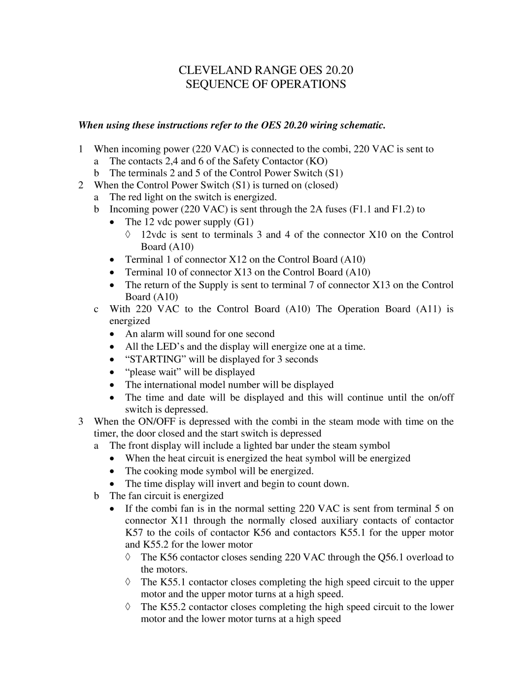 Cleveland Range OES-20.20, OEB-20.20 manual Cleveland Range OES Sequence of Operations 