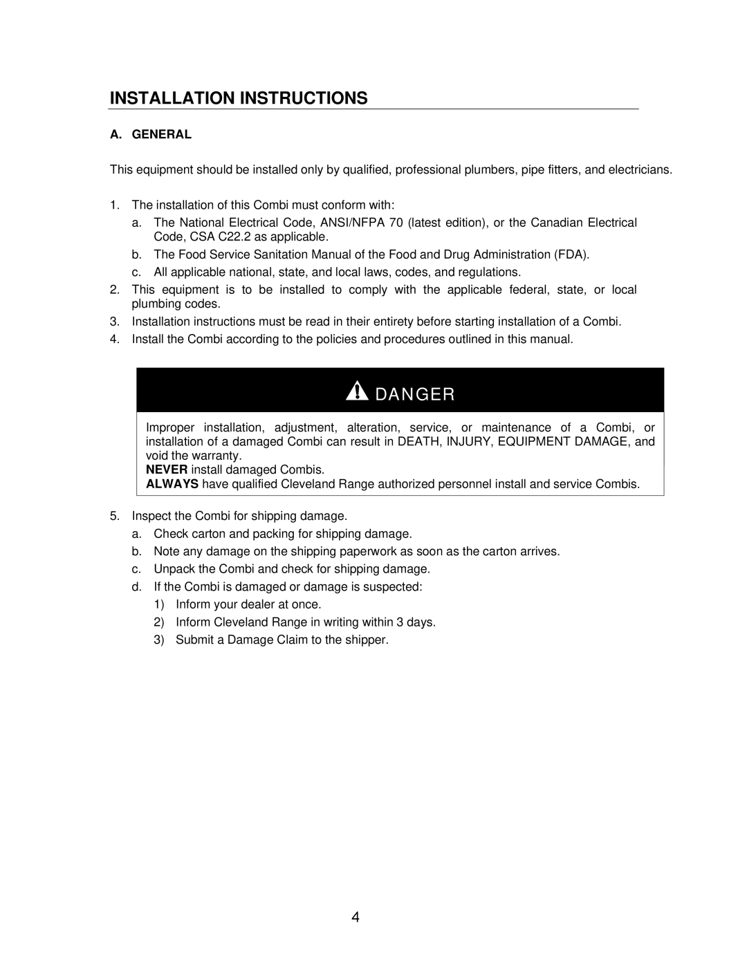 Cleveland Range OEB-20.20, OES-20.20 manual Installation Instructions 