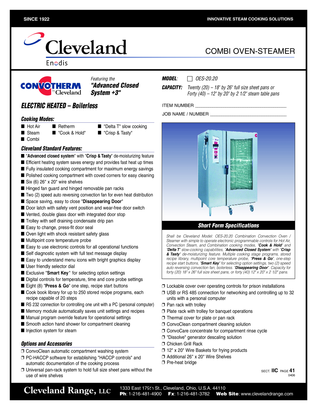 Cleveland Range OES-20.20 ELECTRIC HEATED - Boilerless, Advanced Closed, Cleveland Range, LLC, Combi Oven-Steamer, Hot Air 