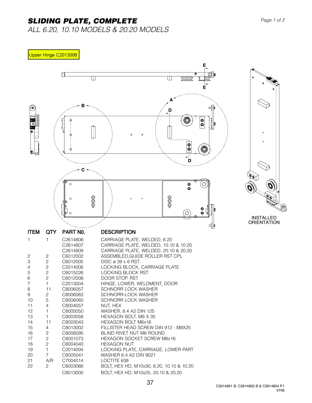 Cleveland Range OES-20.20, OEB-20.20 manual Sliding Plate, Complete, ALL 6.20, 10.10 MODELS & 20.20 MODELS, Page 1 of 