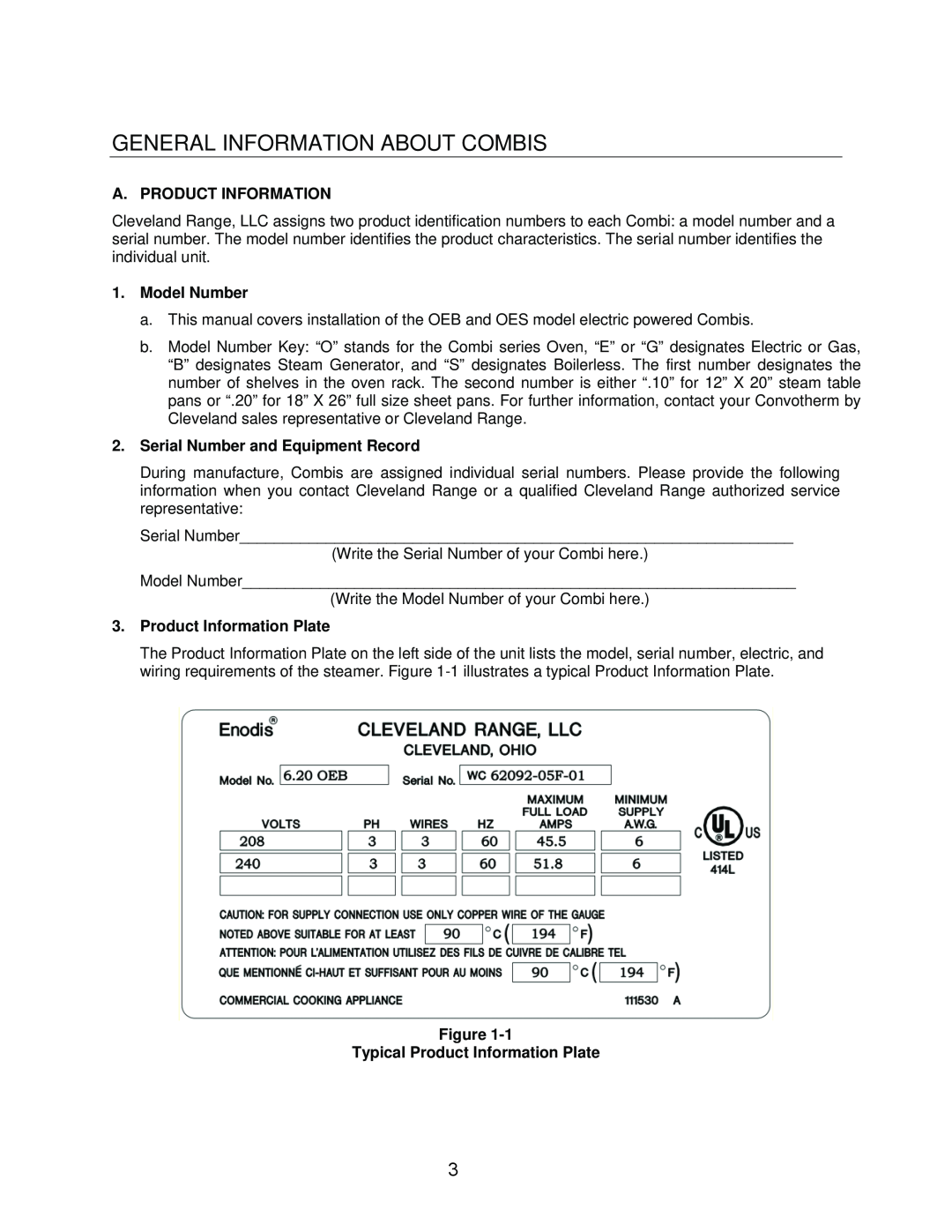 Cleveland Range OES-20.20, OEB-20.20 manual General Information About Combis, A. Product Information, Model Number 