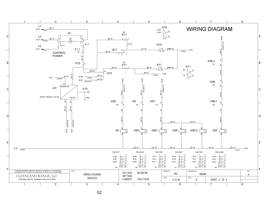 Cleveland Range OEB-20.20, OES-20.20 manual Wiring Diagram, Cleveland Range, Llc, Control Power 