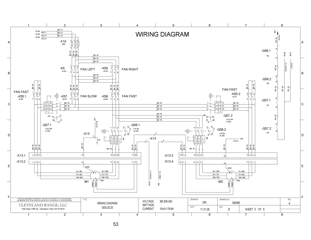 Cleveland Range OES-20.20, OEB-20.20 manual Wiring Diagram, Cleveland Range, Llc, Fan Left 