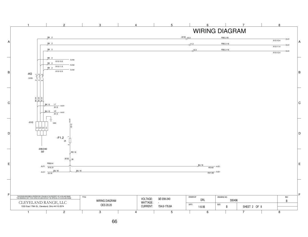 Cleveland Range OEB-20.20, OES-20.20 manual Wiring Diagram, Cleveland Range, Llc, 208/240 