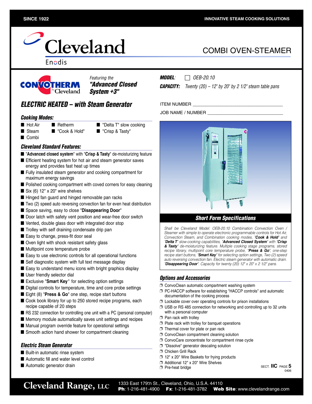 Cleveland Range OES-20.20 Cleveland Range, LLC, Combi Oven-Steamer, System +3, ELECTRIC HEATED - with Steam Generator 
