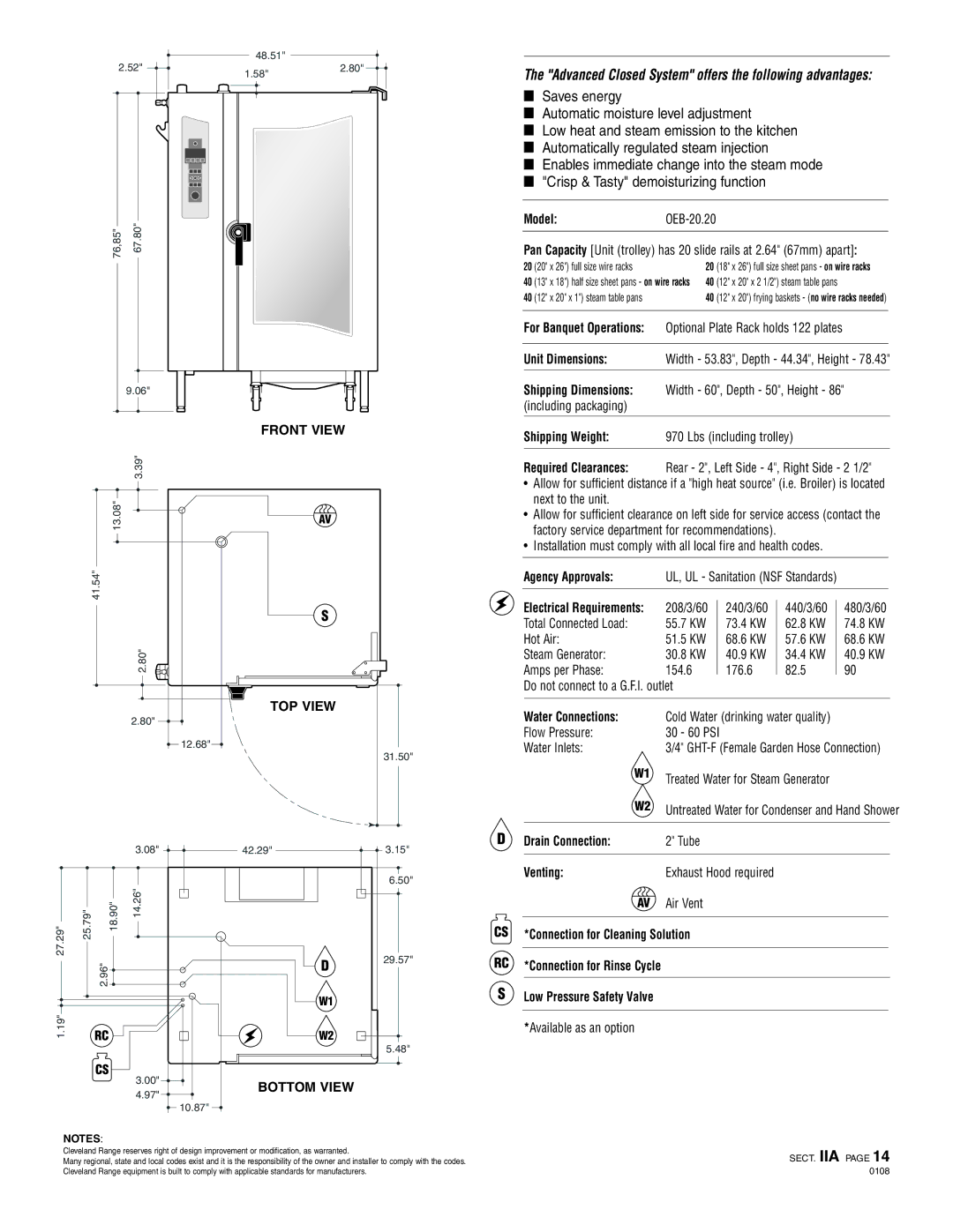 Cleveland Range OEB-20.20 Shipping Weight Lbs including trolley, Agency Approvals, Water Connections, Drain Connection 