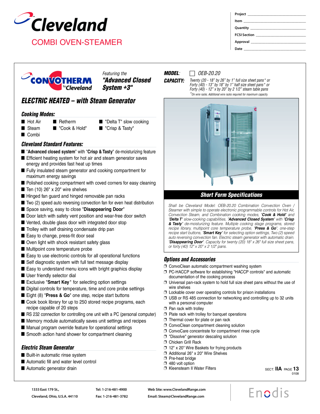 Cleveland Range OES-20.20 manual Service & Parts Manual, Convotherm Combination Oven-Steamer, MODELS Electric, Enodis 