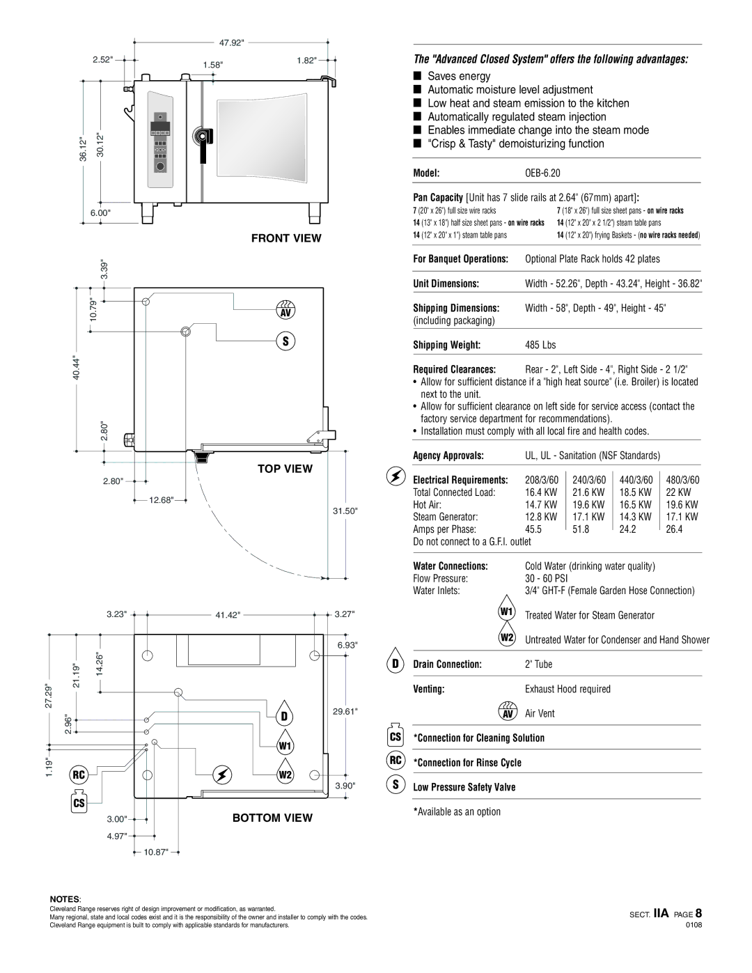 Cleveland Range OEB-6.20 Shipping Weight 485 Lbs, Agency Approvals, Water Connections, Drain Connection, Venting 