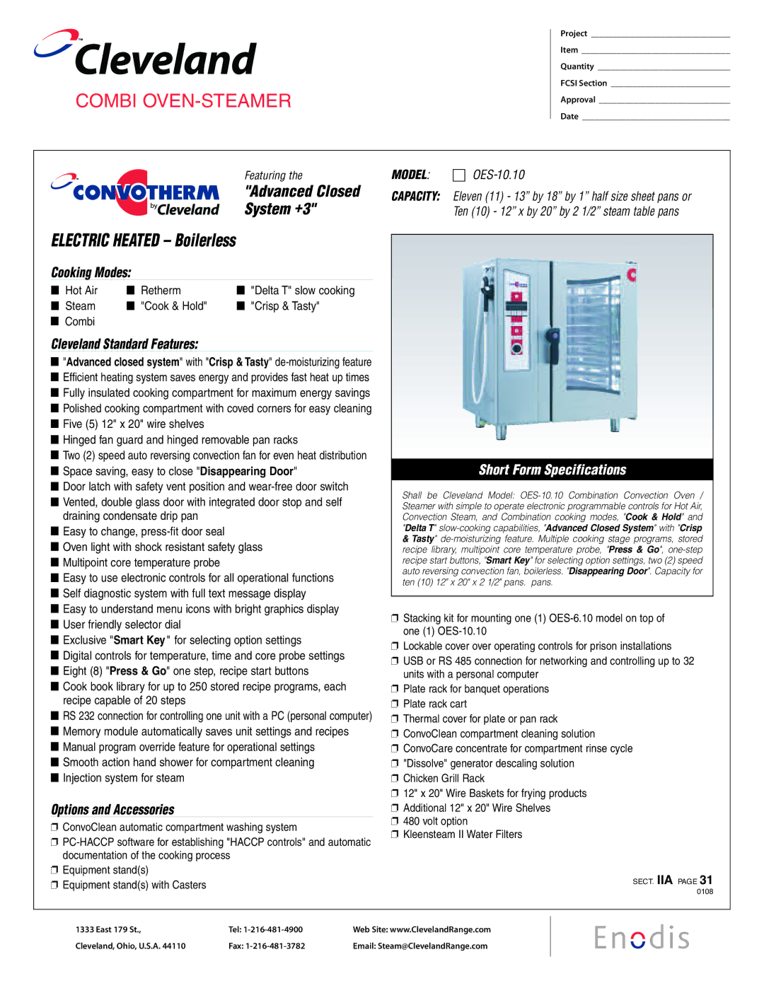 Cleveland Range OES-10.10 specifications Cleveland 