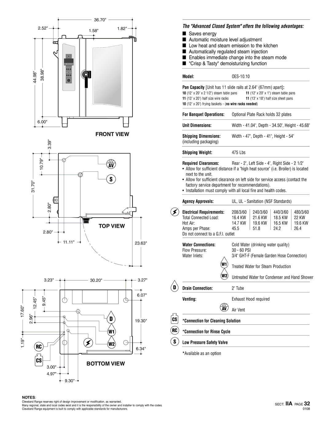 Cleveland Range OES-10.10 specifications Shipping Weight 475 Lbs, Water Connections, Drain Connection, Venting 