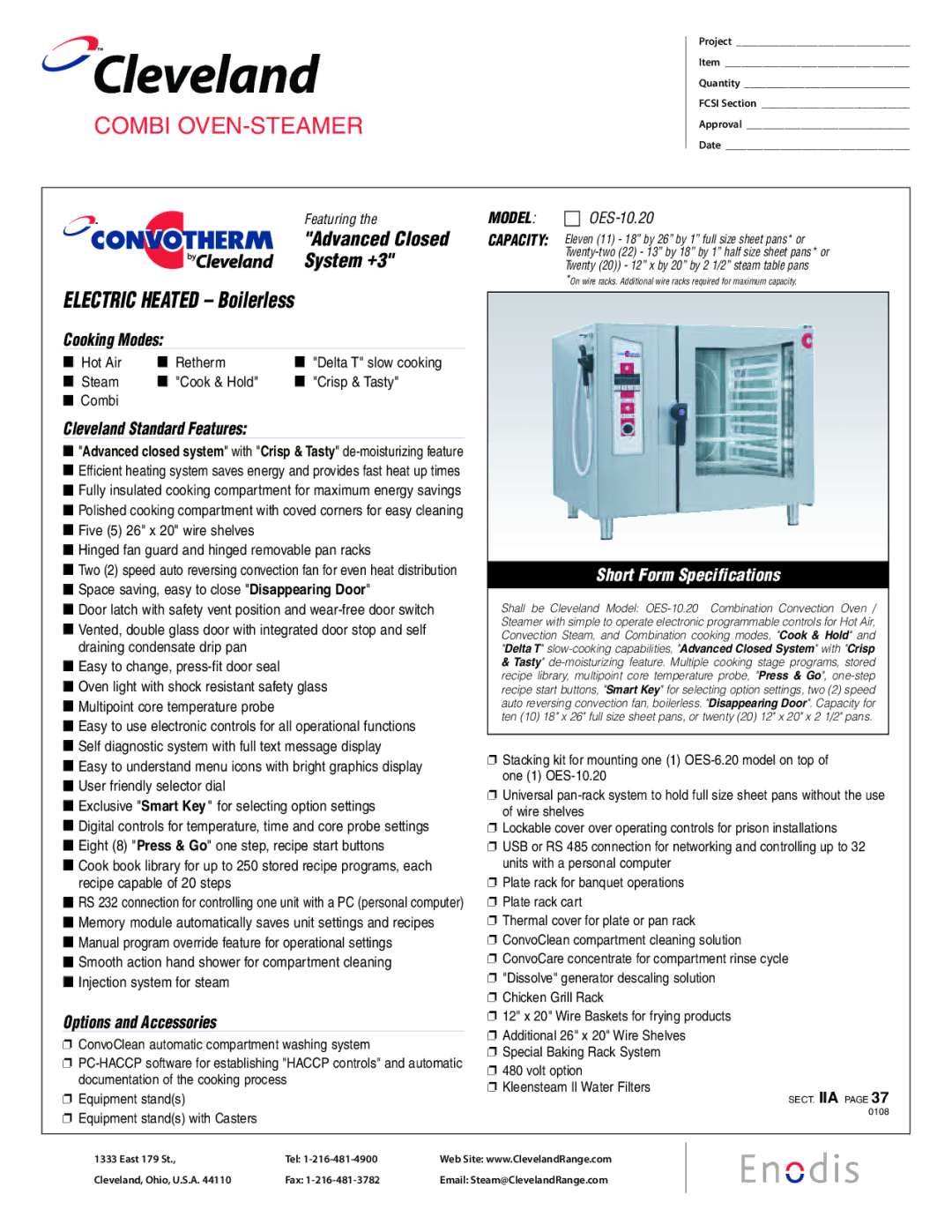 Cleveland Range specifications Featuring, Stacking kit for mounting one 1 OES-6.20 model on top, One 1 OES-10.20 