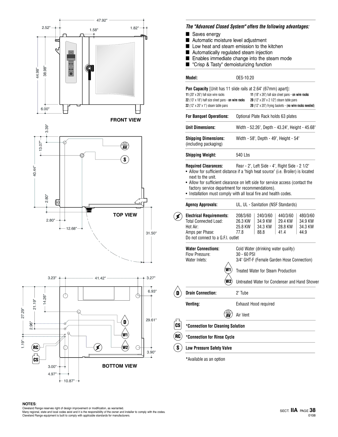 Cleveland Range OES-10.20 specifications Shipping Weight 540 Lbs, Water Connections, Drain Connection, Venting 