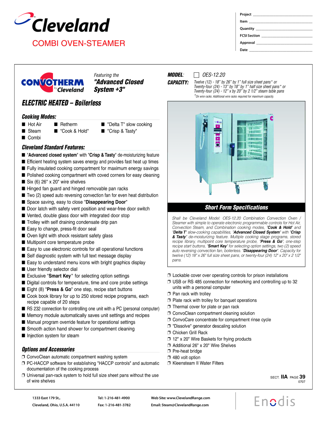 Cleveland Range OES-12.20 specifications Cleveland Standard Features, Options and Accessories 