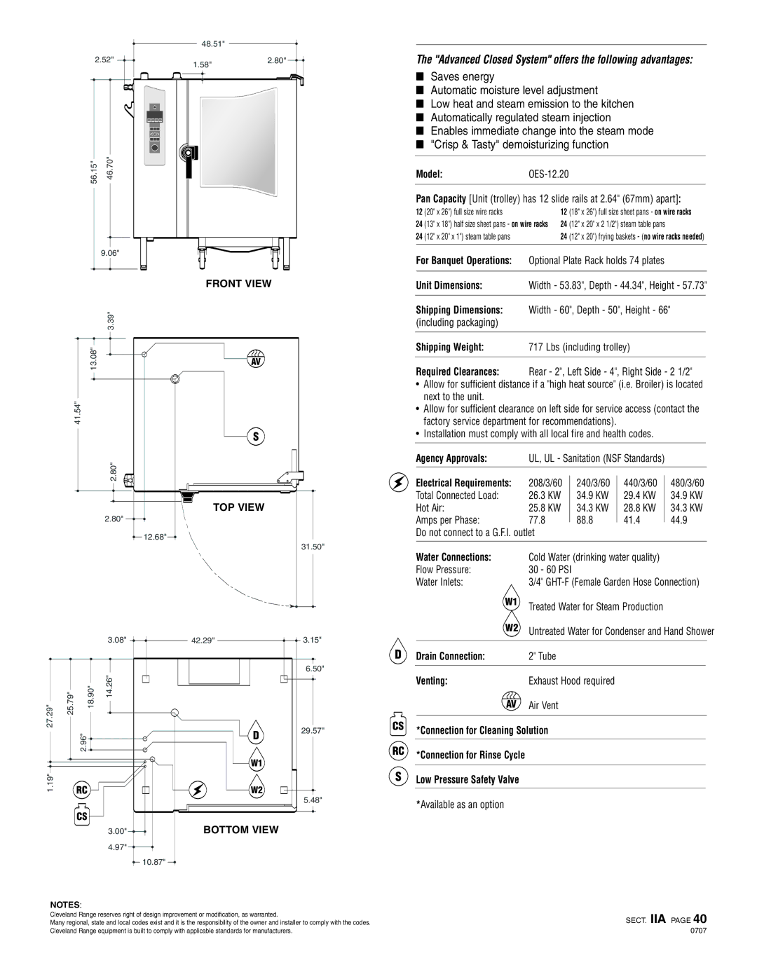 Cleveland Range OES-12.20 Shipping Weight Lbs including trolley, Water Connections, Drain Connection, Venting 