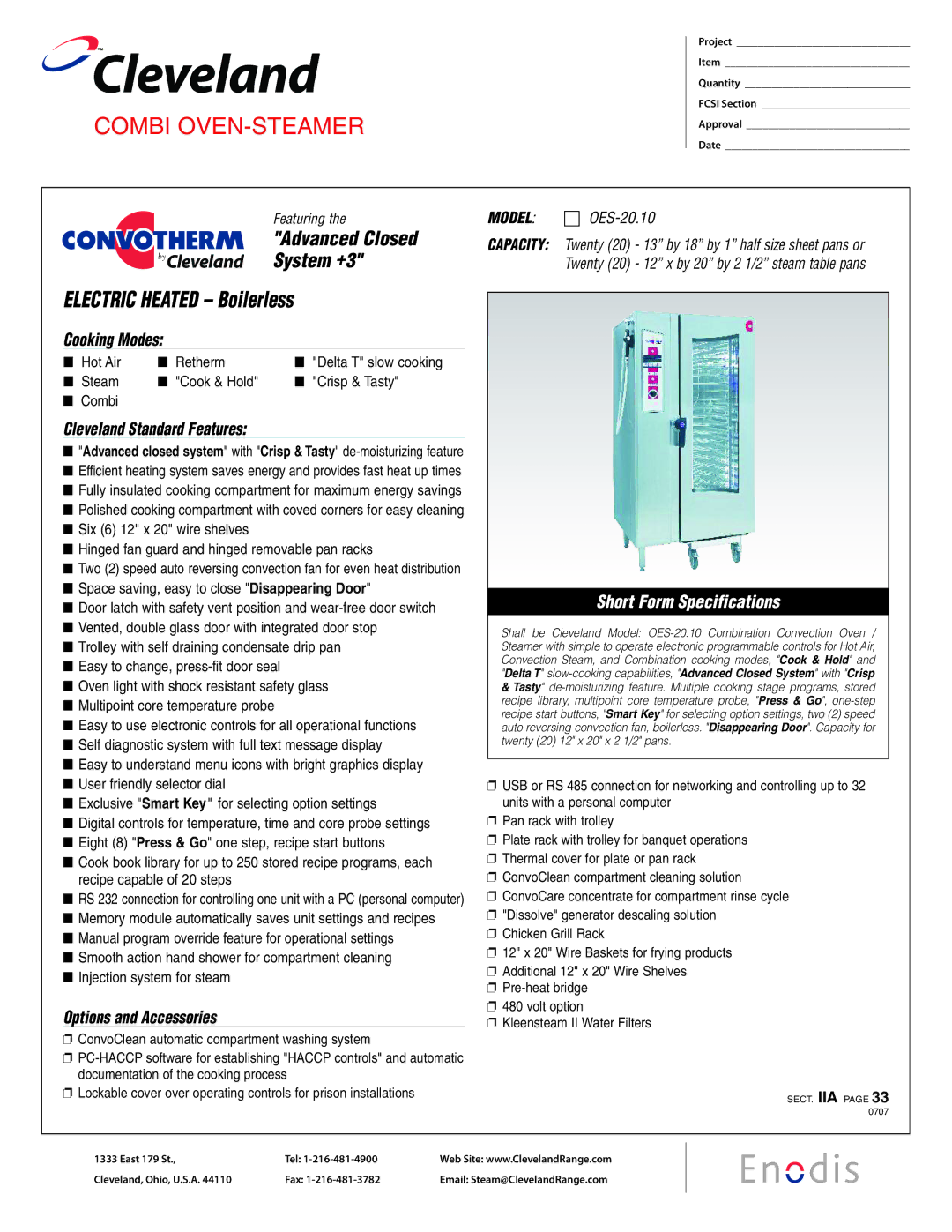 Cleveland Range OES-20.10 specifications Cleveland Standard Features, Options and Accessories 