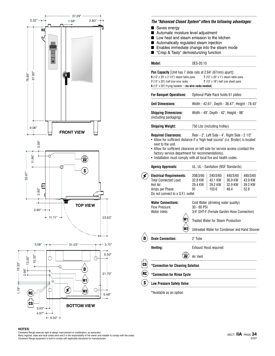 Cleveland Range OES-20.10 Shipping Weight Lbs including trolley, Water Connections, Drain Connection, Venting 