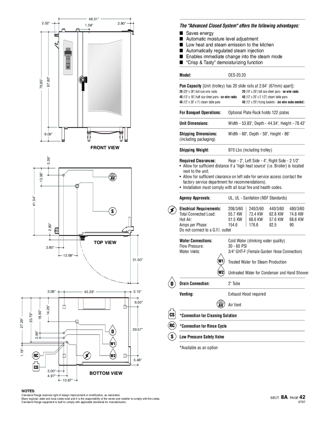 Cleveland Range OES-20.20 specifications Shipping Weight, Water Connections, Drain Connection, Venting 