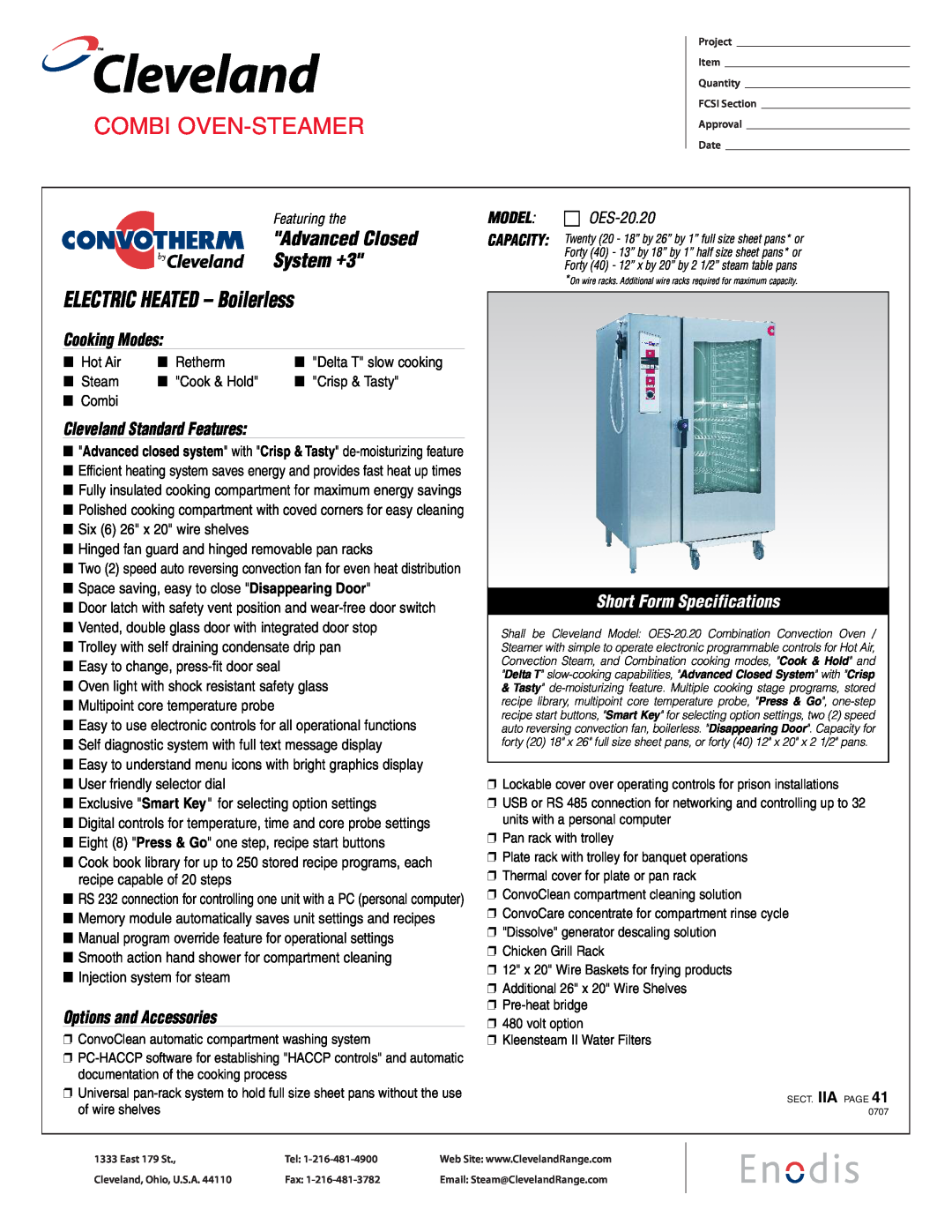 Cleveland Range OES-20.20 manual Service & Parts Manual, Convotherm Combination Oven-Steamer, MODELS Electric, Enodis 
