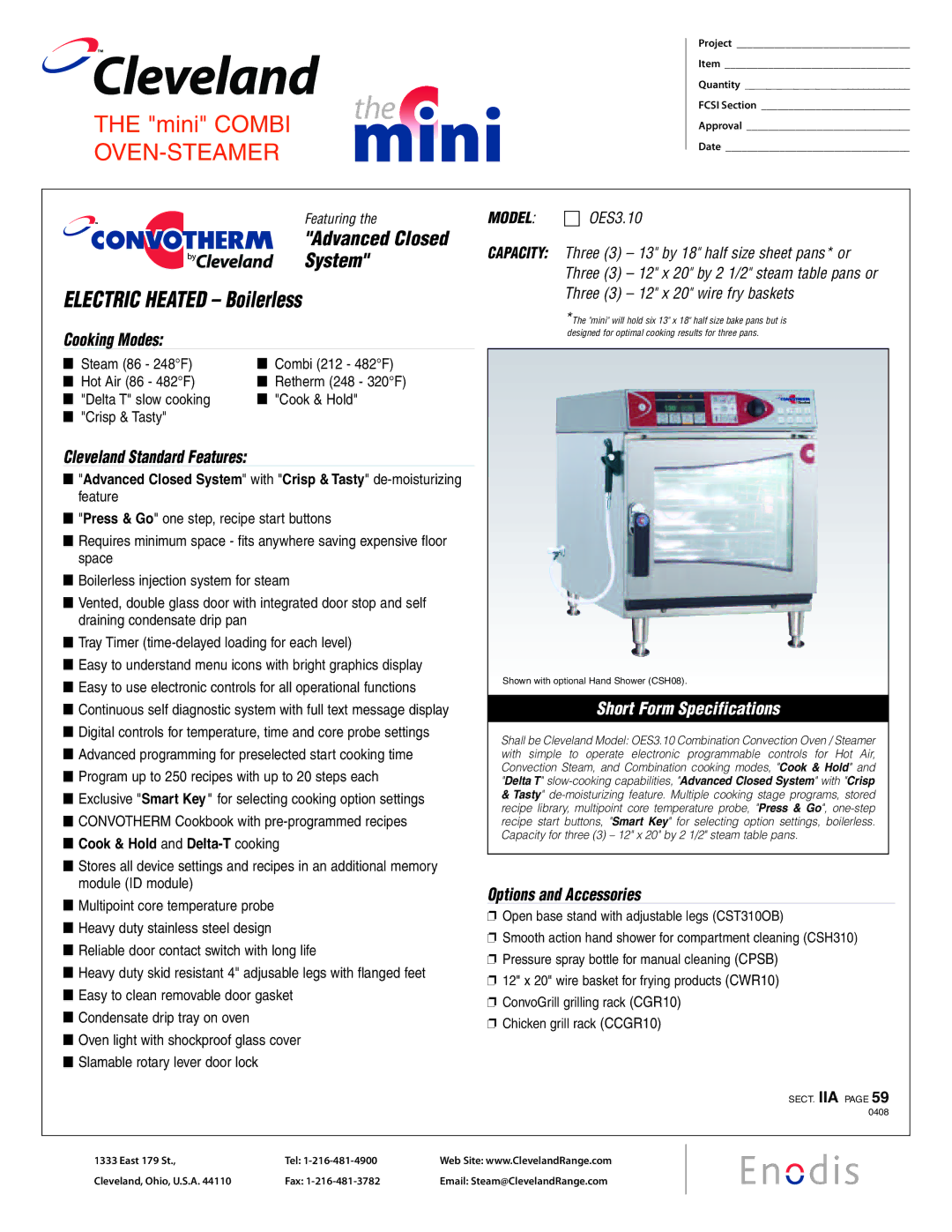 Cleveland Range OES-3.10 specifications Cooking Modes, Cleveland Standard Features, Options and Accessories 