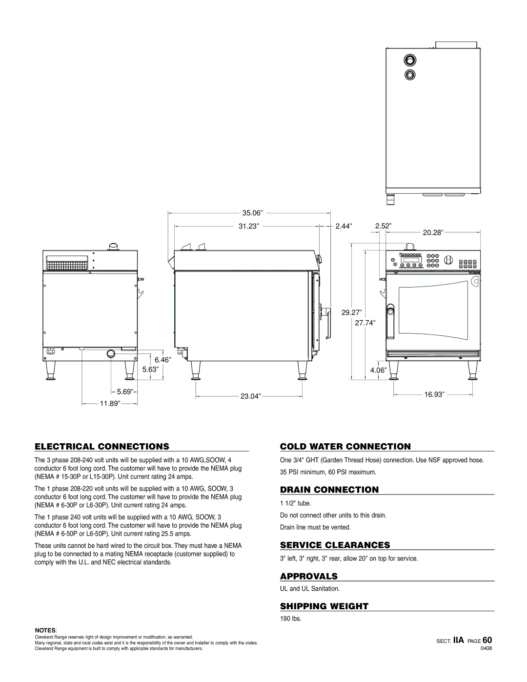 Cleveland Range OES-3.10 Electrical Connections, Cold Water Connection, Drain Connection, Service Clearances, Approvals 