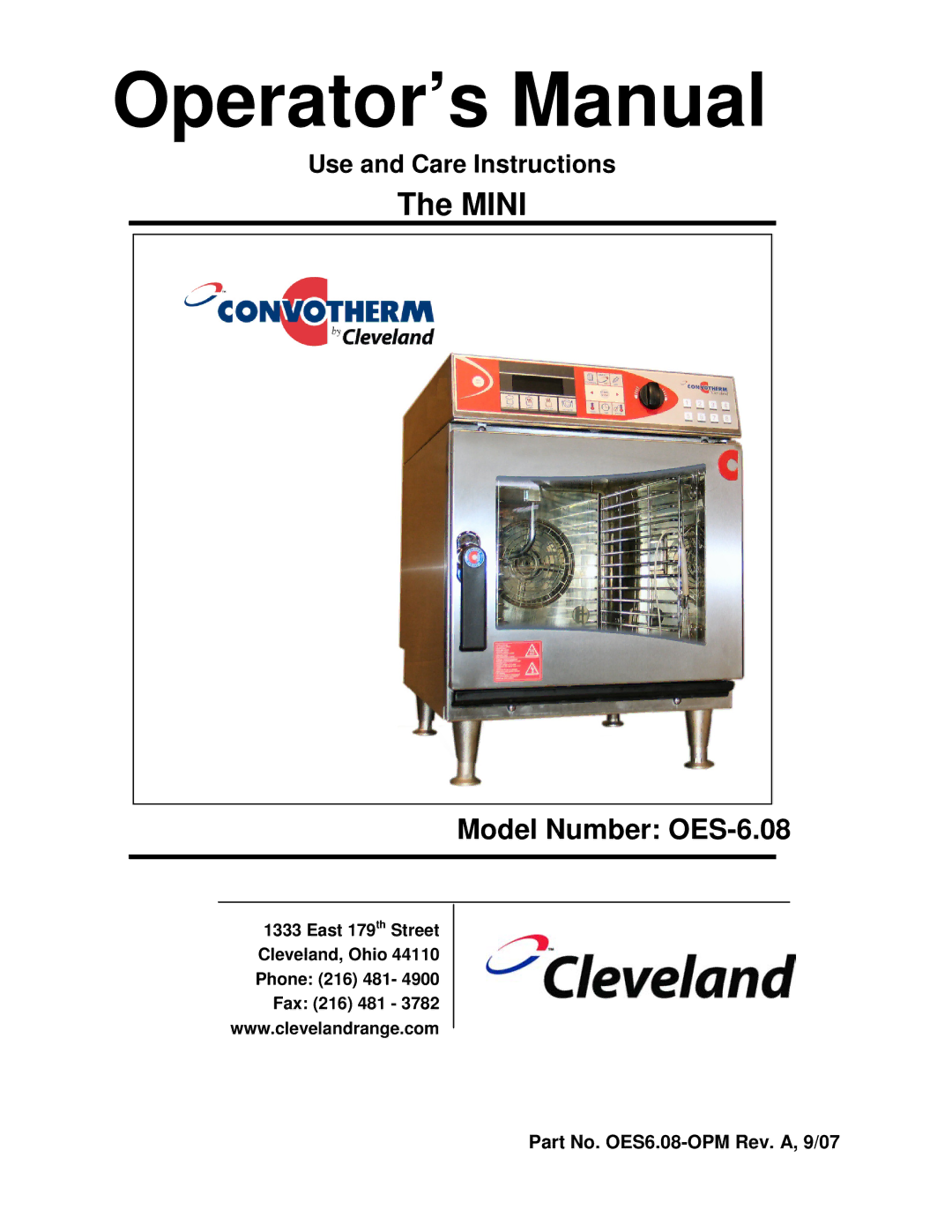 Cleveland Range OES-6.08 manual Operator’s Manual, Part No. OES6.08-OPM Rev. A, 9/07 