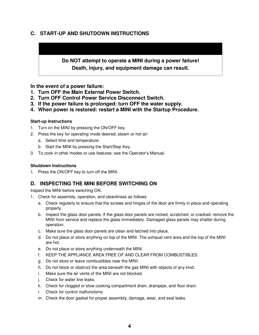 Cleveland Range OES-6.08 manual START-UP and Shutdown Instructions, Inspecting the Mini Before Switching on 