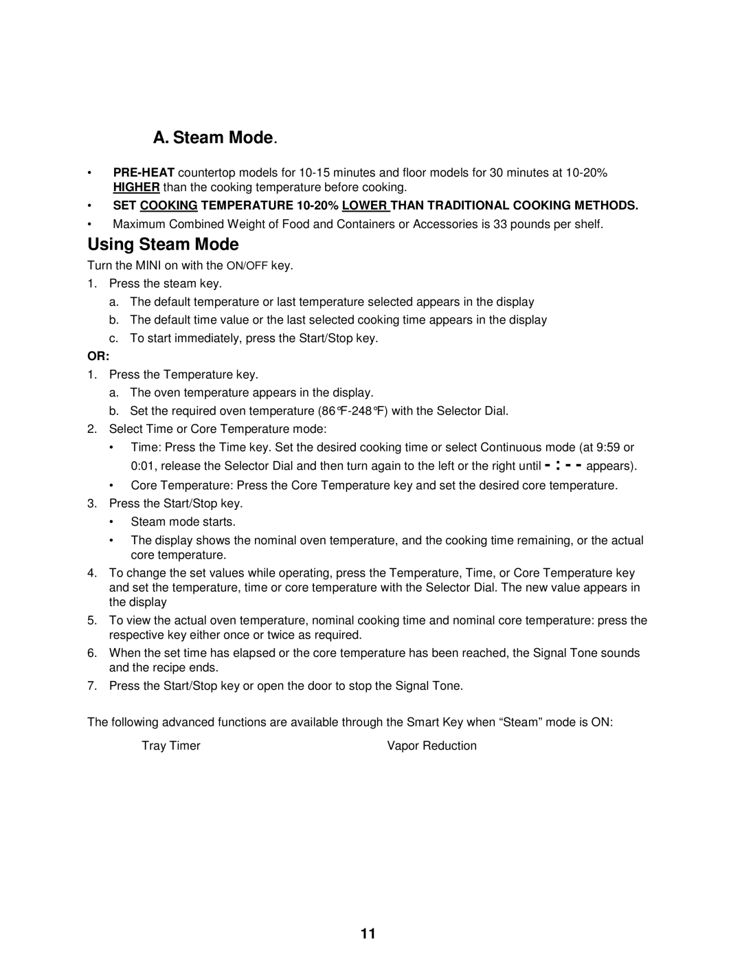 Cleveland Range OES-6.08 manual Using Steam Mode, See , Advanced Functions for details 