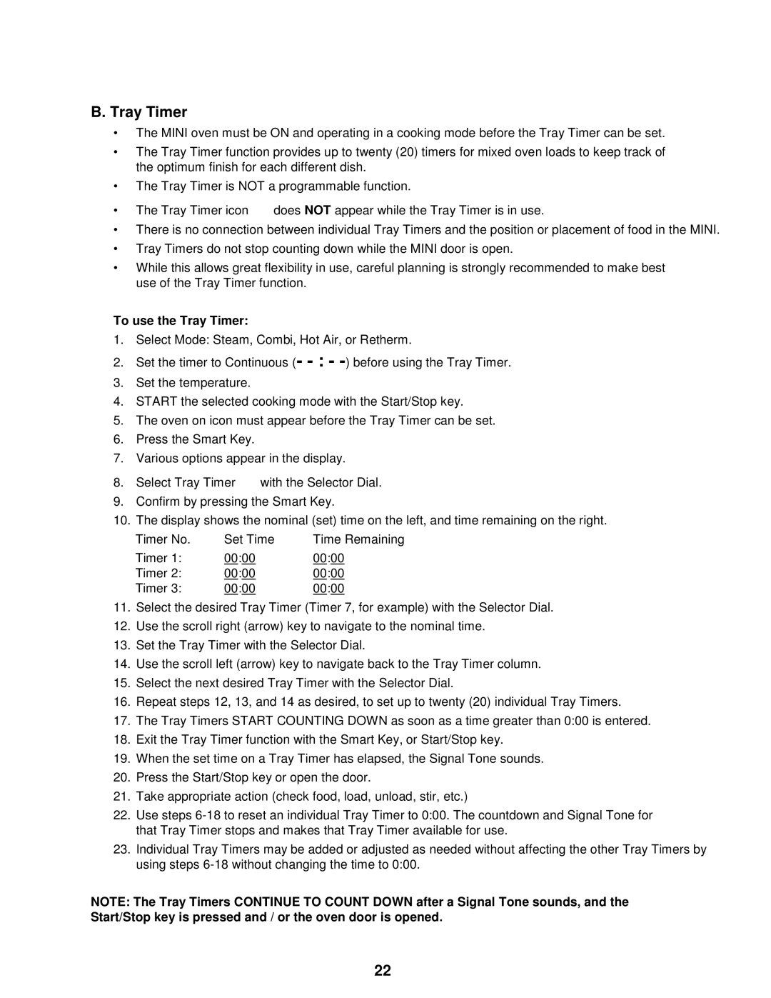 Cleveland Range OES-6.08 manual To use the Tray Timer 