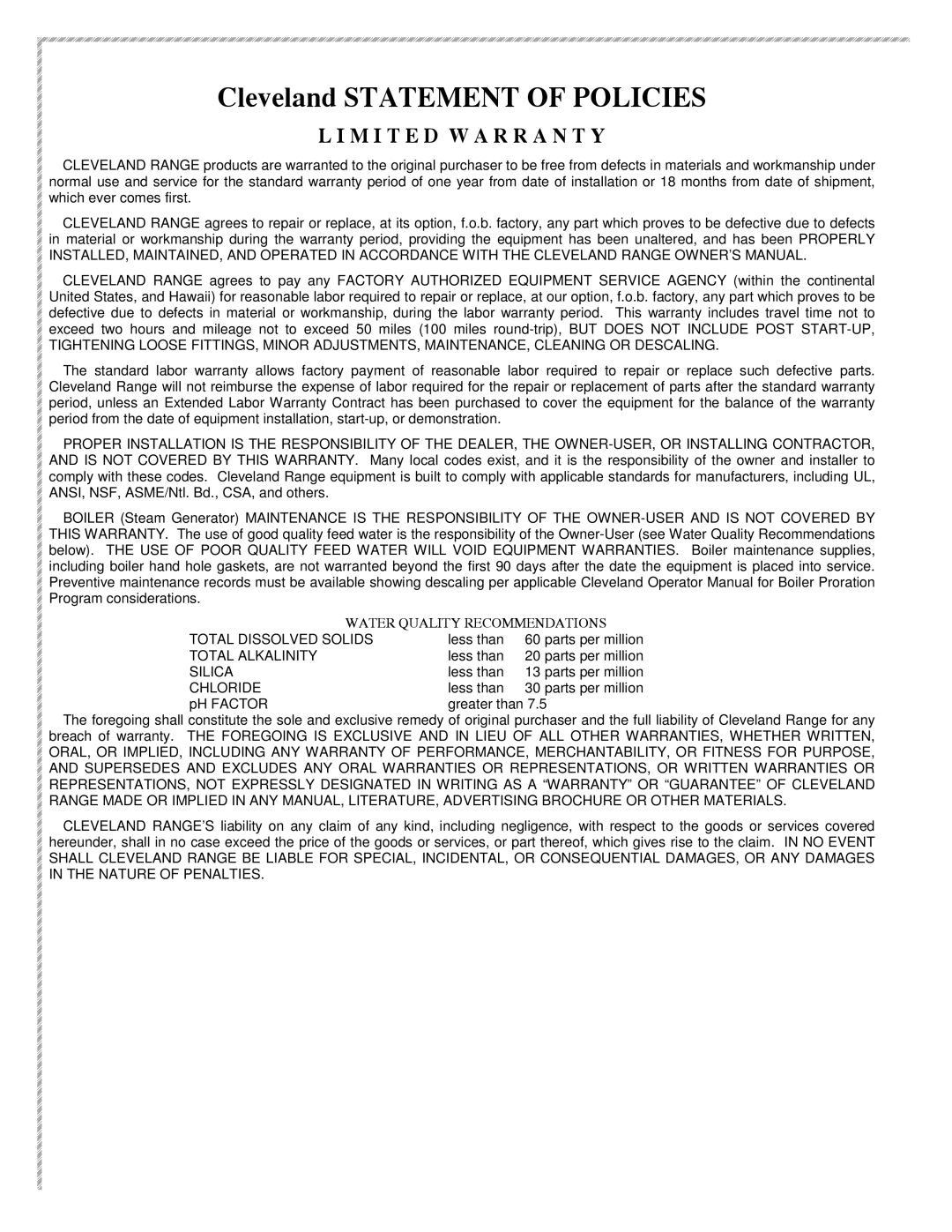 Cleveland Range OES-6.08 manual Cleveland Statement of Policies 