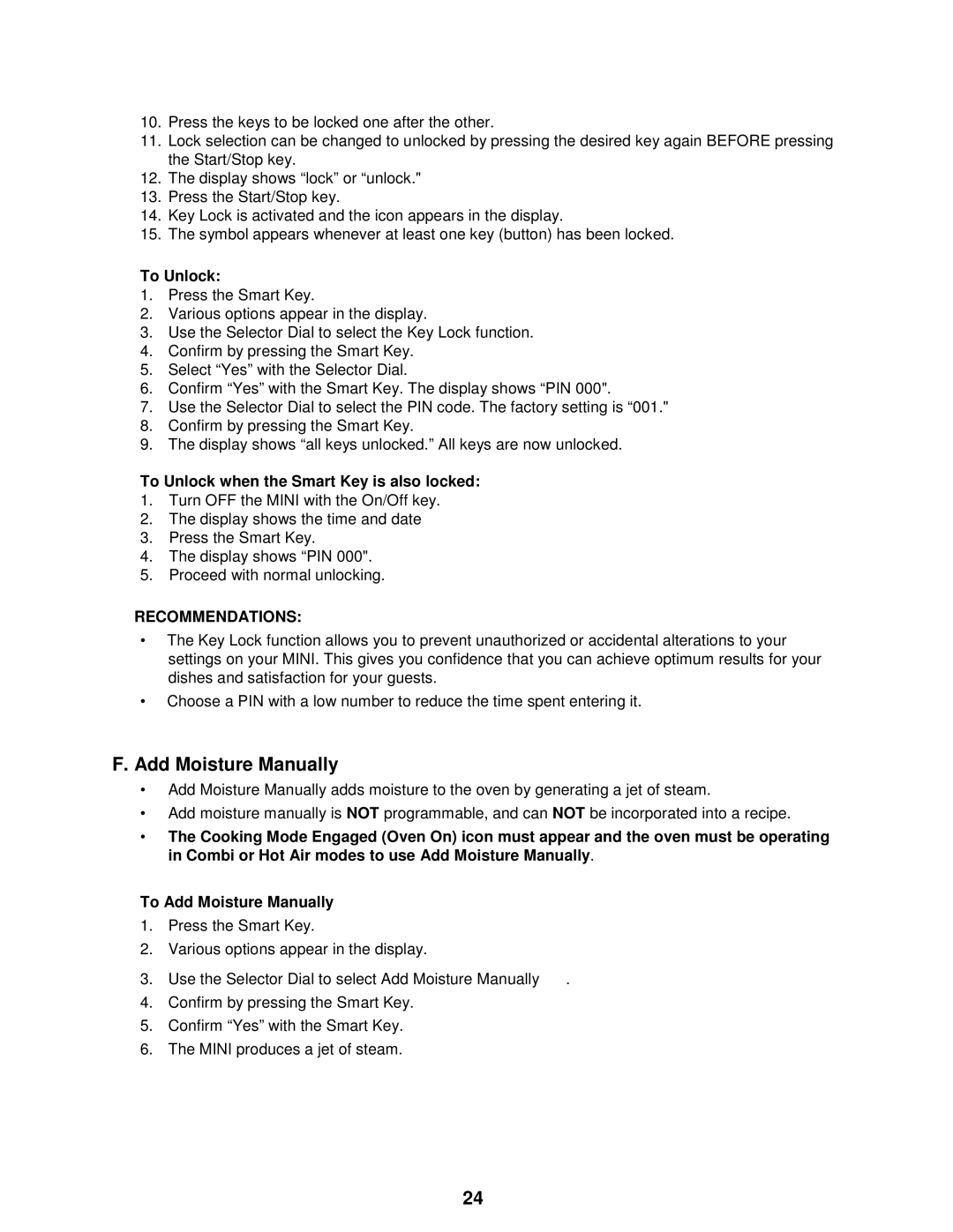 Cleveland Range OES-6.08 manual Add Moisture Manually, To Unlock when the Smart Key is also locked 
