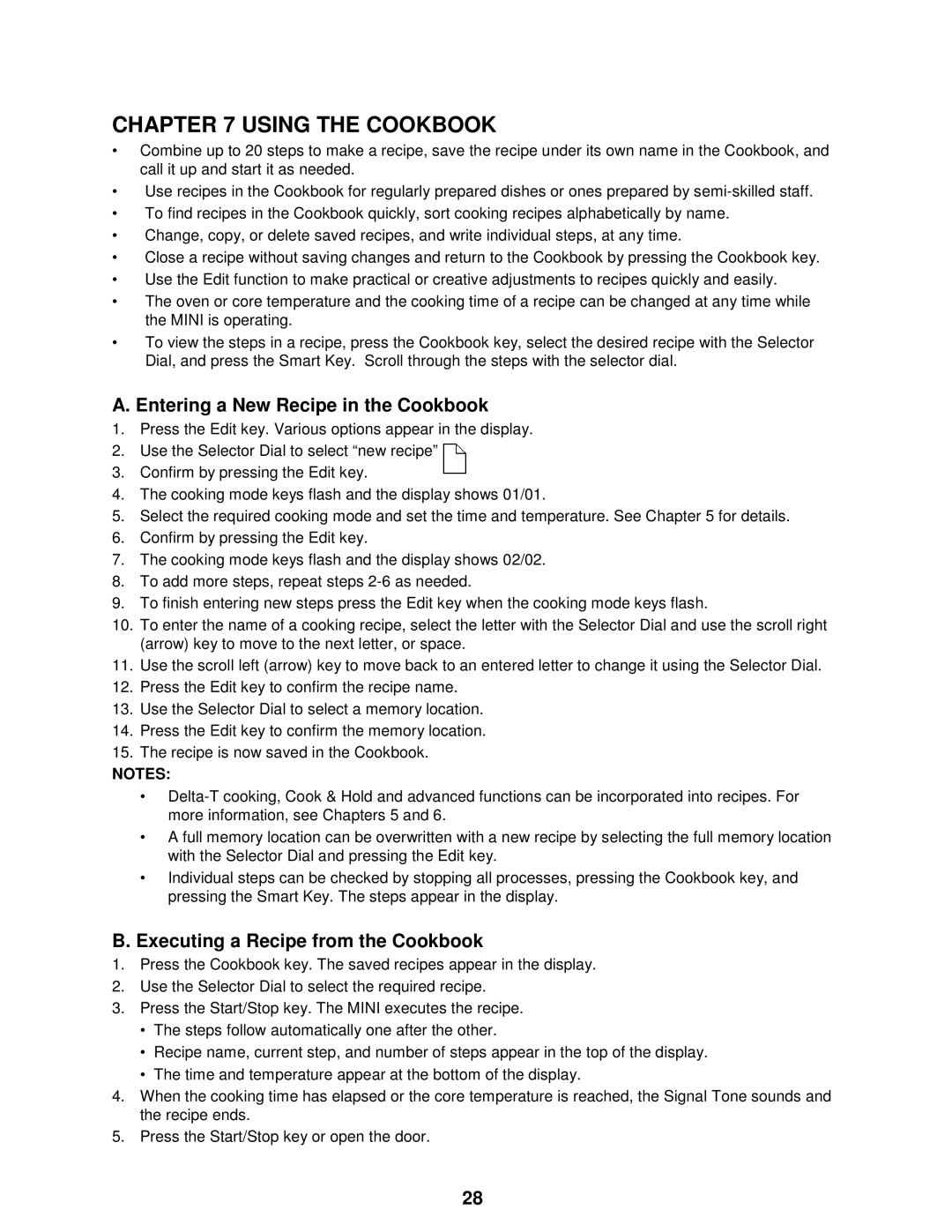 Cleveland Range OES-6.08 Using the Cookbook, Entering a New Recipe in the Cookbook, Executing a Recipe from the Cookbook 