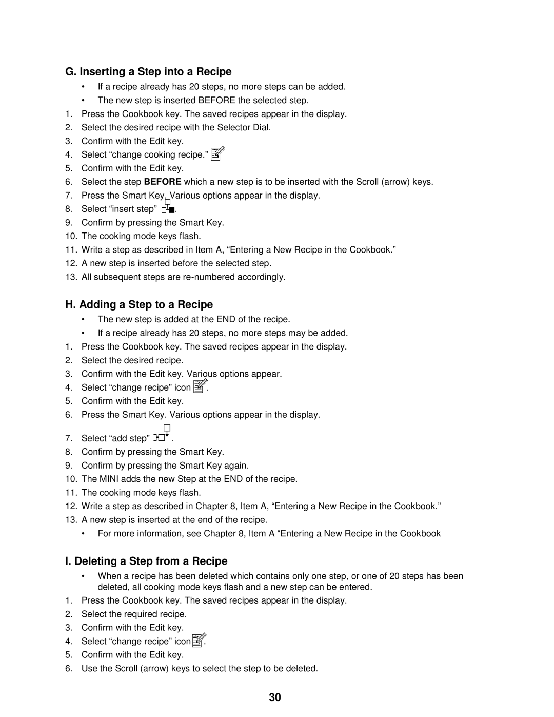 Cleveland Range OES-6.08 manual Inserting a Step into a Recipe, Adding a Step to a Recipe, Deleting a Step from a Recipe 