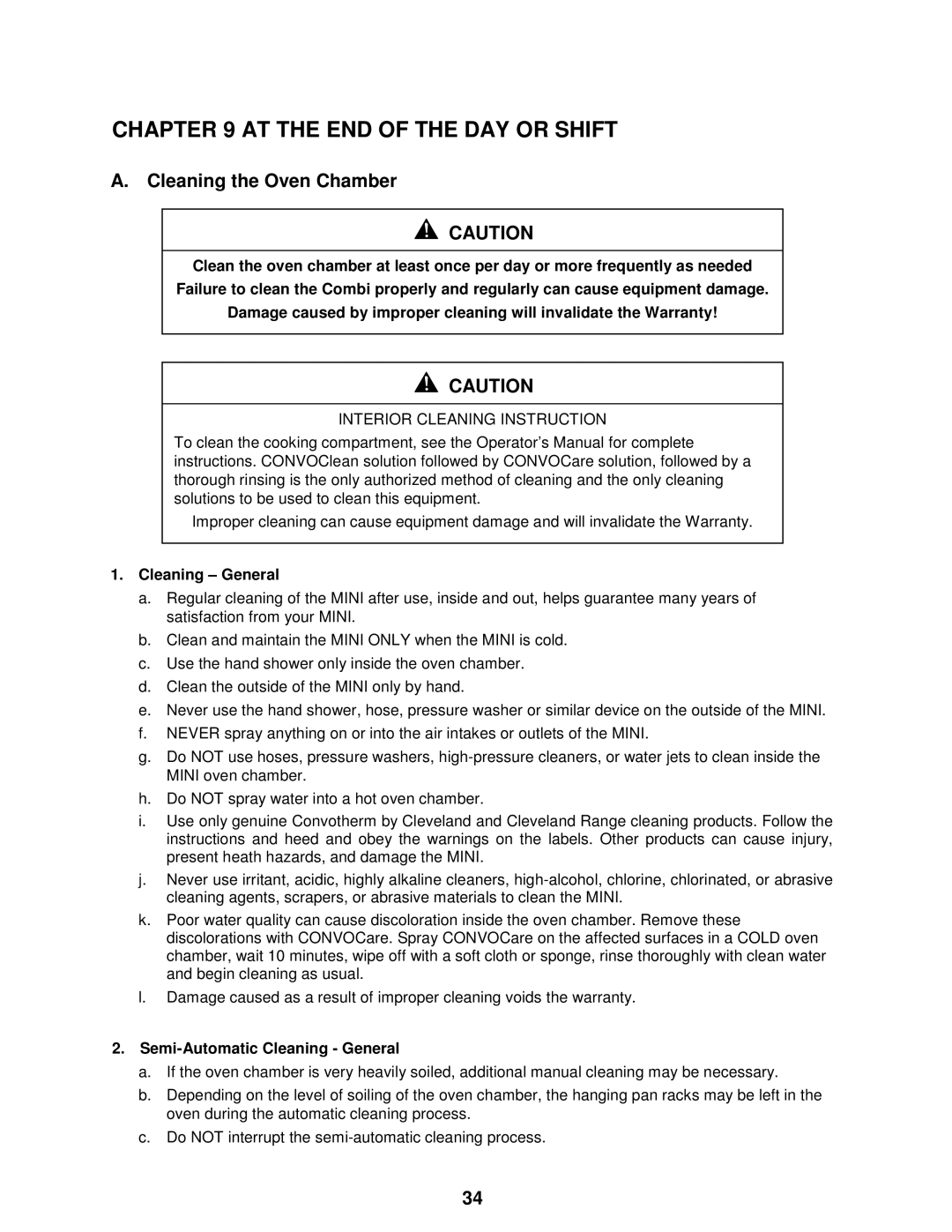 Cleveland Range OES-6.08 manual AT the END of the DAY or Shift, Cleaning the Oven Chamber, Cleaning General 