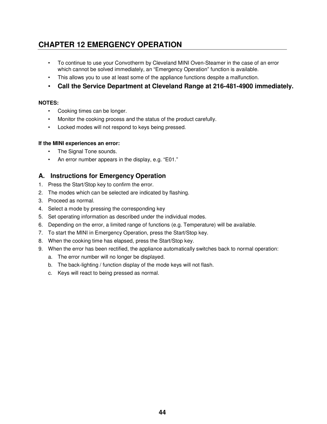 Cleveland Range OES-6.08 manual Instructions for Emergency Operation, If the Mini experiences an error 