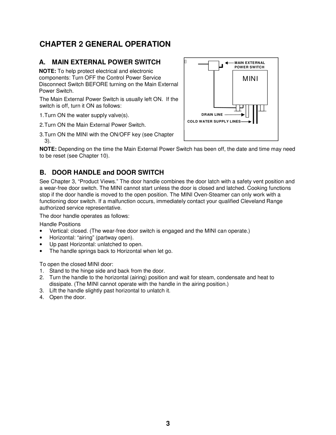 Cleveland Range OES-6.08 manual General Operation, Main External Power Switch, Door Handle and Door Switch 