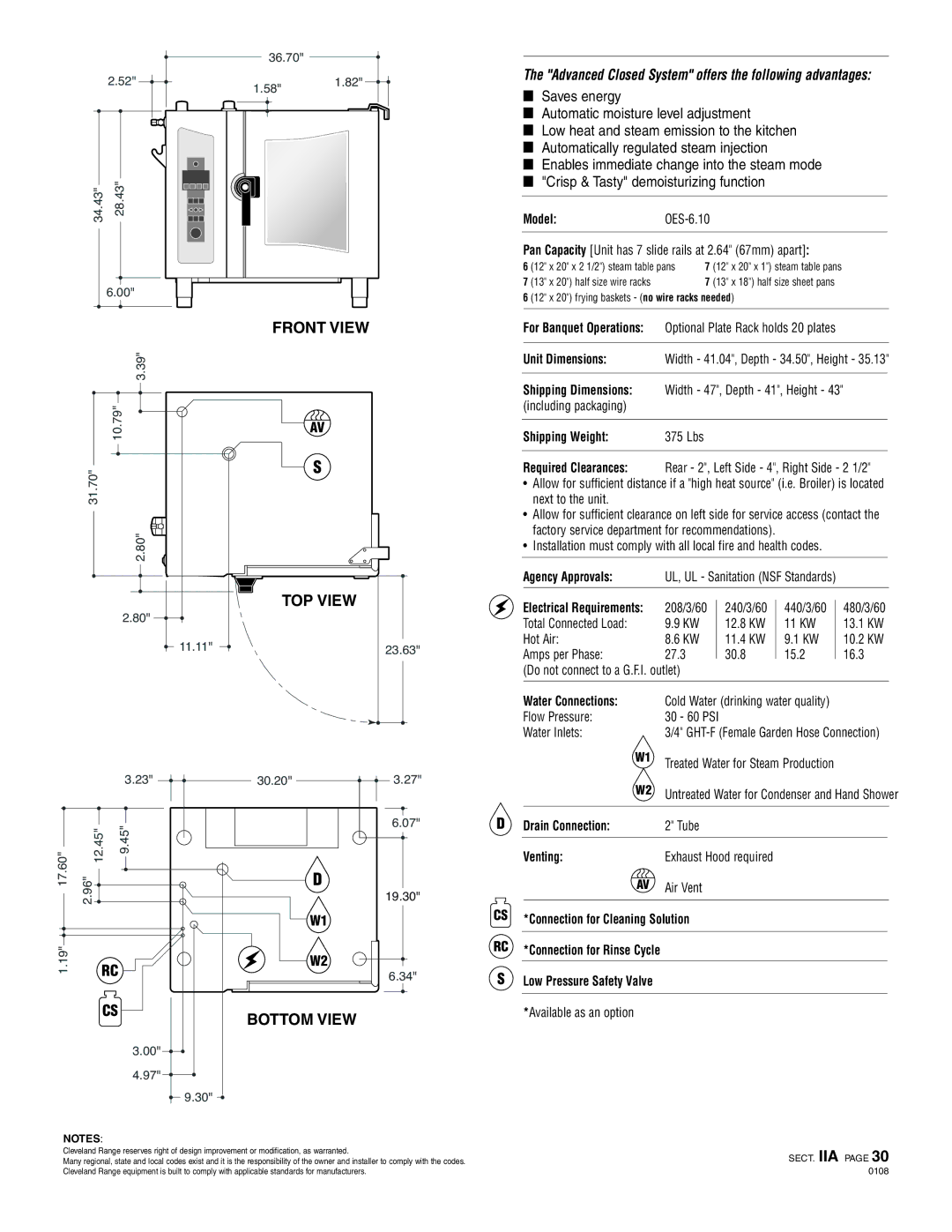 Cleveland Range OES-6.10 specifications Front View, TOP View, Bottom View, Iia 