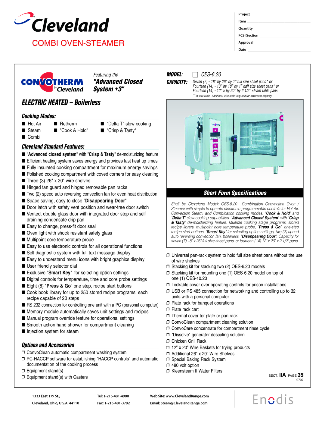 Cleveland Range OES-6.20 specifications Cleveland Standard Features, Options and Accessories 