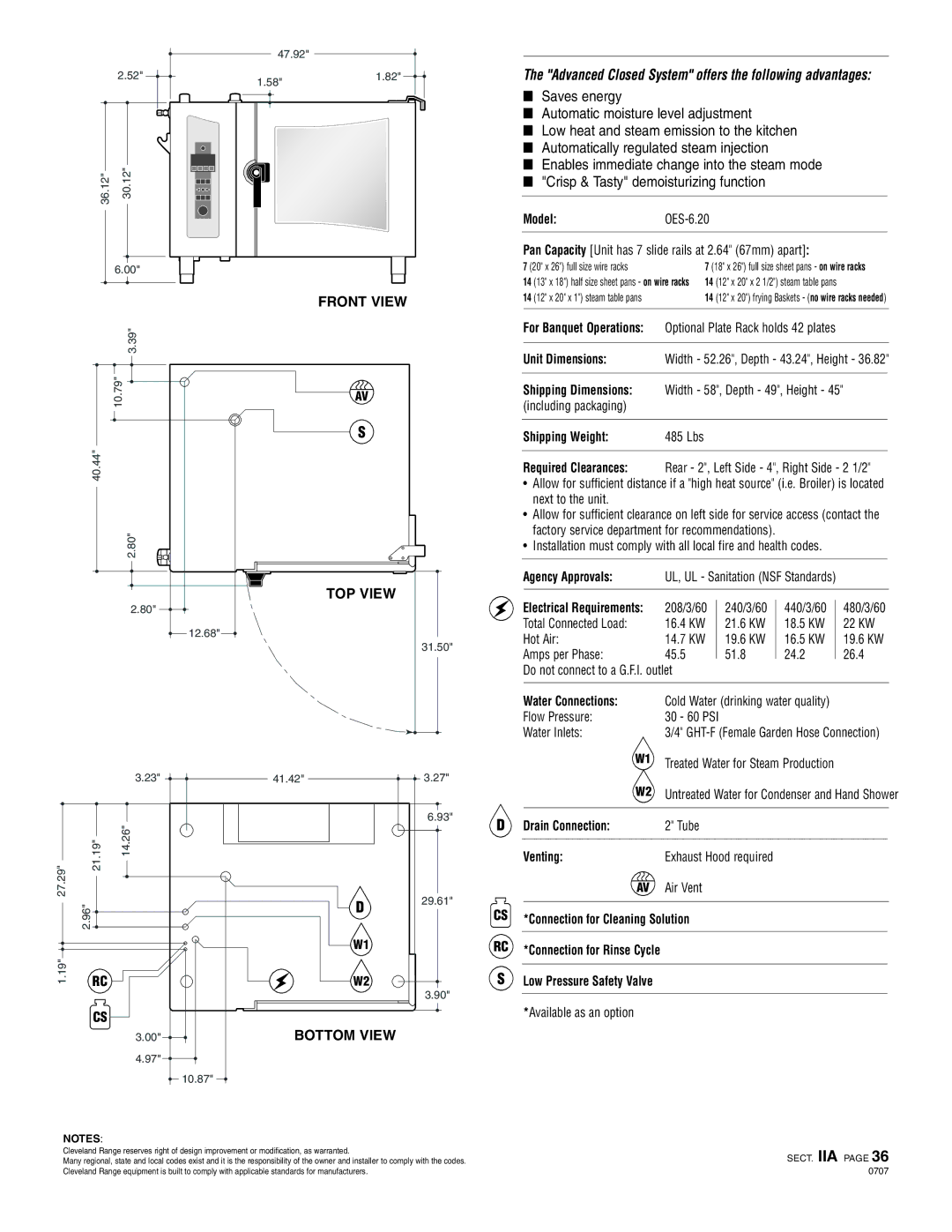 Cleveland Range OES-6.20 specifications Shipping Weight 485 Lbs, Water Connections, Drain Connection, Venting 