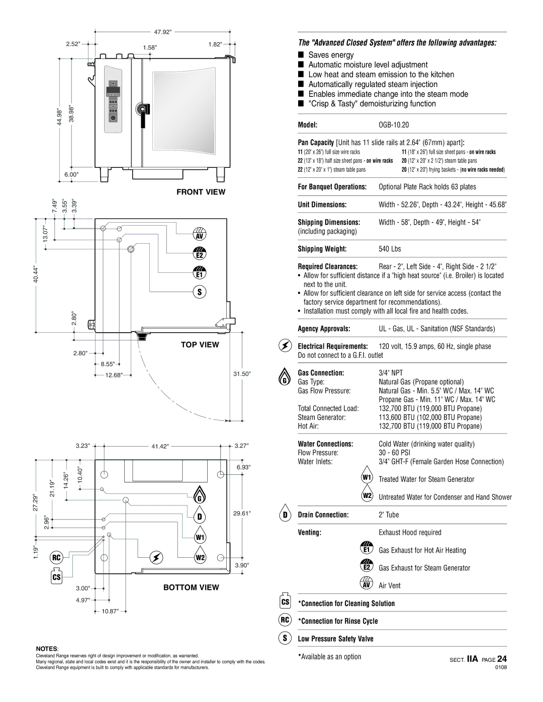 Cleveland Range OGB-10.20 Shipping Weight 540 Lbs, Gas Connection, Water Connections, Drain Connection, Venting 