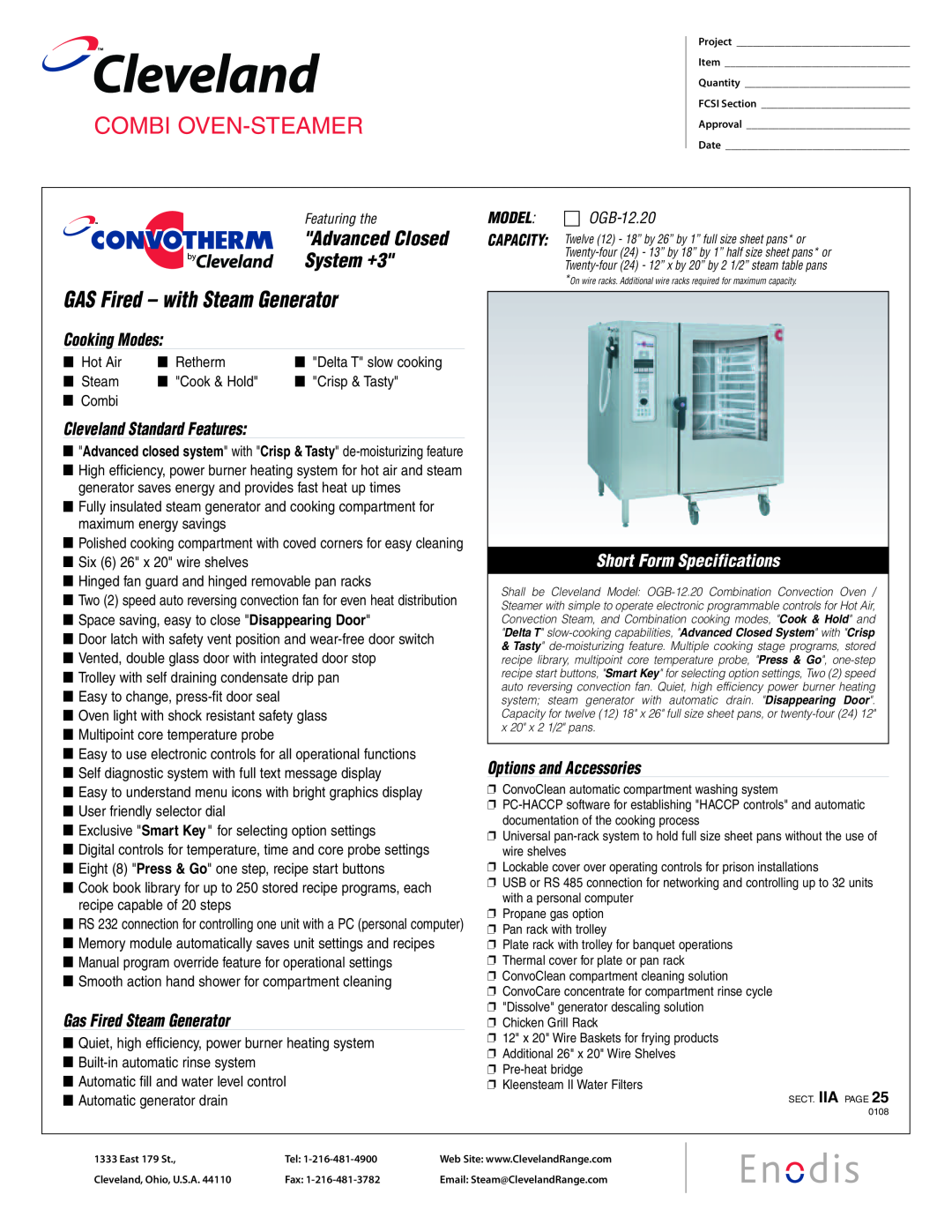 Cleveland Range OGB-12.20 specifications Cleveland, Combi Oven-Steamer, GAS Fired - with Steam Generator, Advanced Closed 