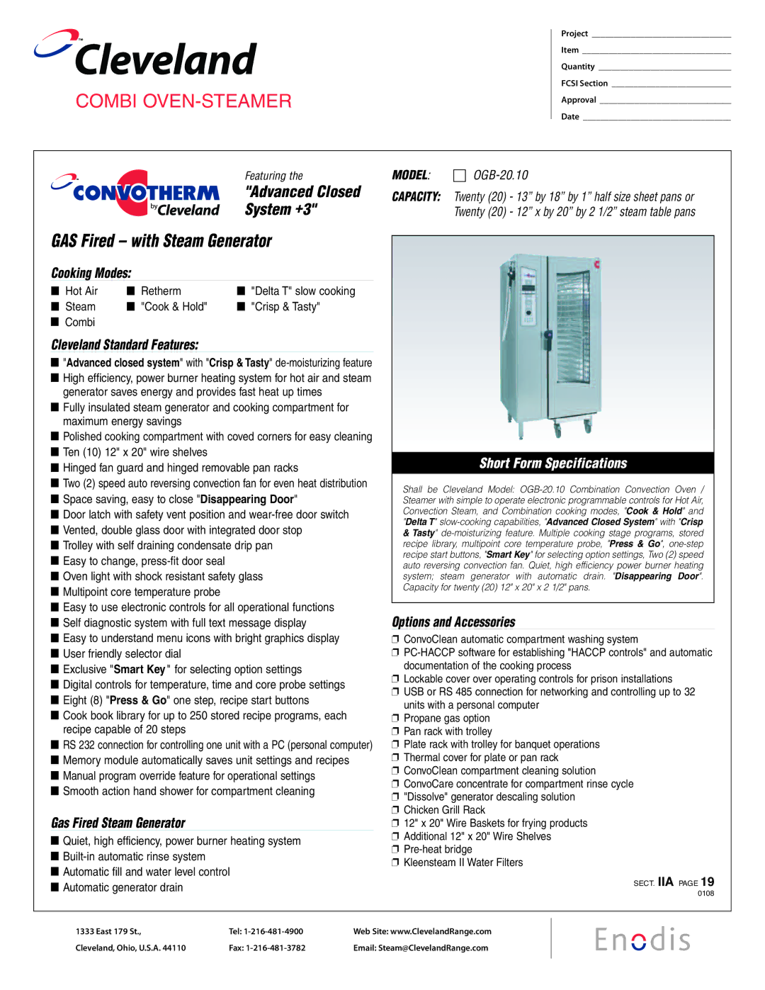 Cleveland Range OGB-20.10 specifications Gas Fired Steam Generator, Options and Accessories 