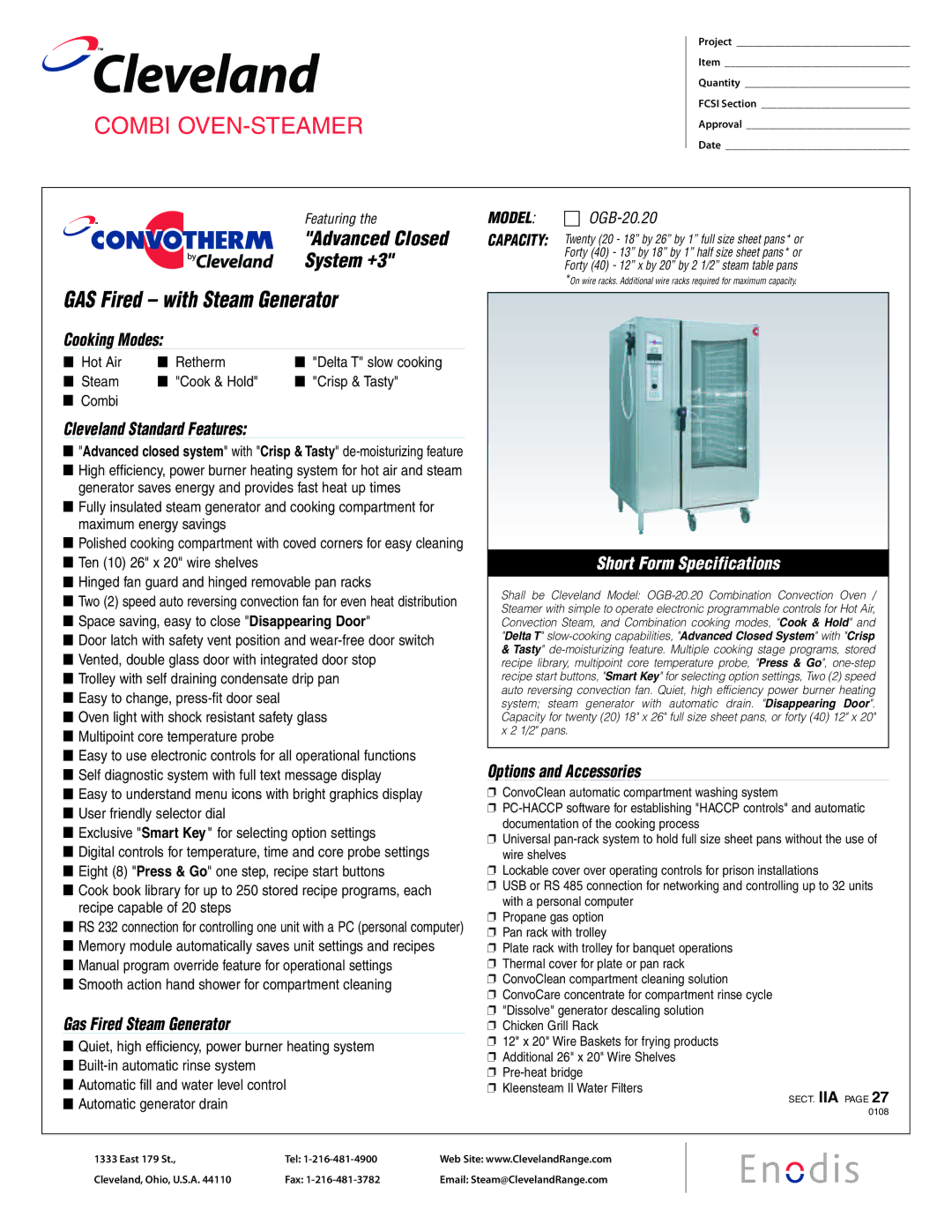 Cleveland Range OGB-20.20 specifications Gas Fired Steam Generator, Options and Accessories 